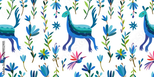 Folk Otomi style graphic, wallpaper. Colorful Mexican Traditional Textile Embroidery Style.