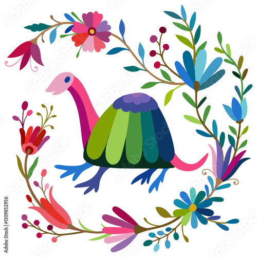 Folk Otomi style graphic, wallpaper. Festive Mexican floral motif