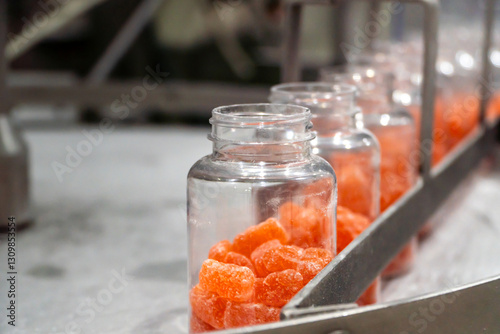 Vitamins supplements with gummy shape on the conveyor belt of the manufacturing industrial facility