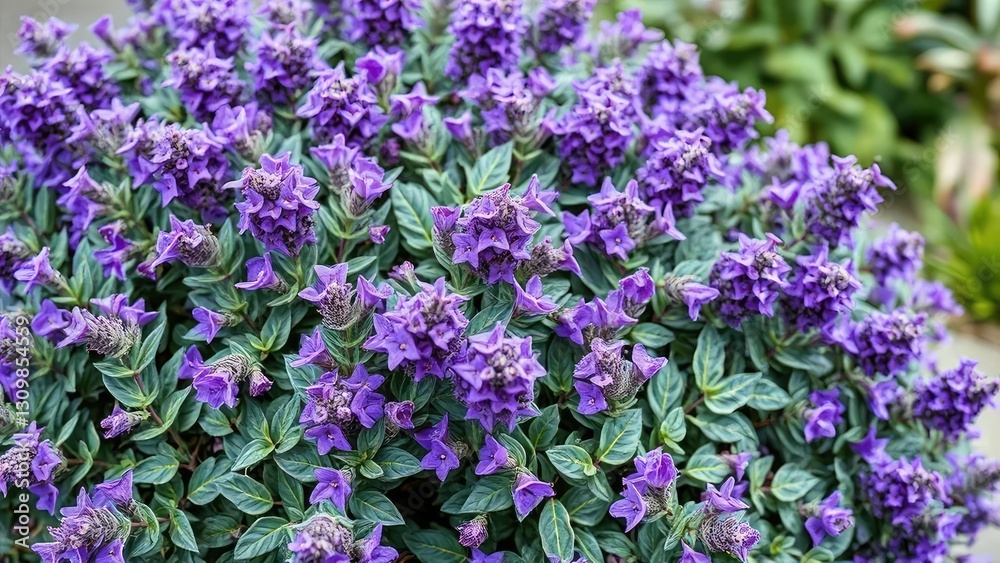 Compact shrub with purple flowers and silvery-green leaves, shrubby germander, small tree Compact shrub with purple flowers and silvery-green leaves, shrubby germander, small tree