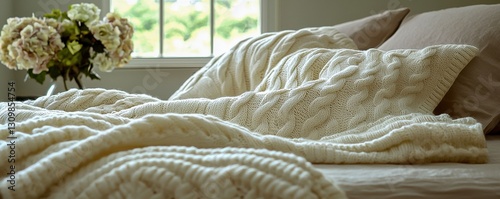 Cosy knit up in a soft white blanket with honed colours, summing warmth and texture to your space, perfect for home decor.