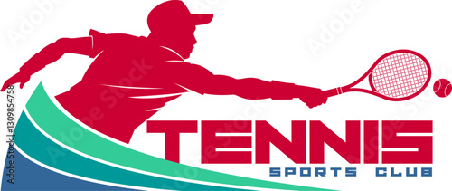Tennis Sports Club Logo with Colorful Player Silhouette, Racket, and Ball. Modern Badge Design. Vector Hand Drawn Illustration Isolated On Transparent Background