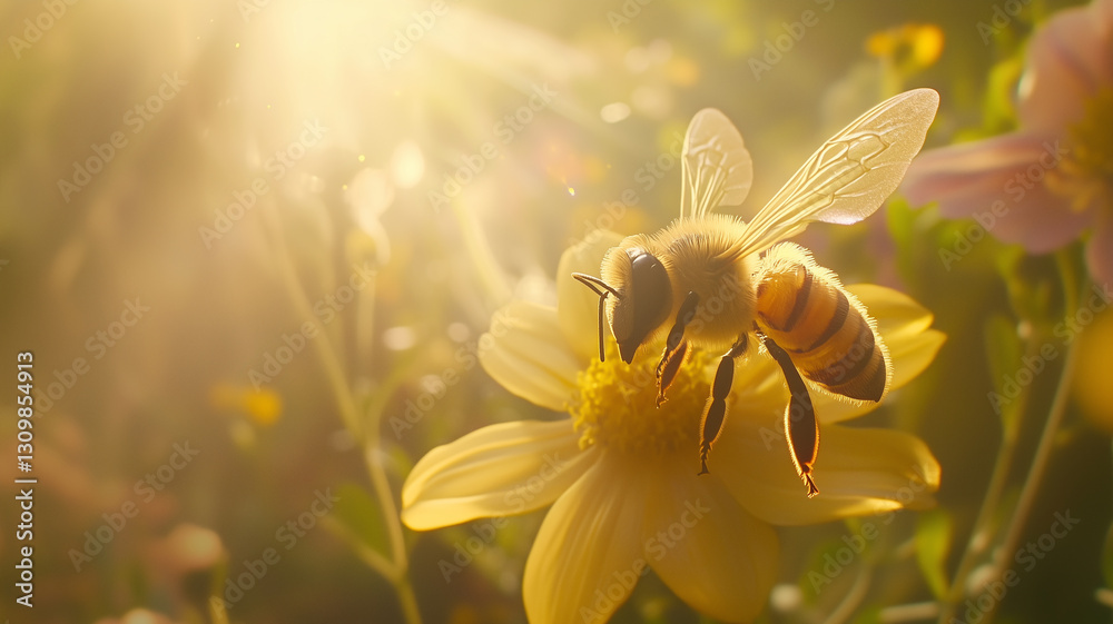 Fototapeta premium Photograph of a bee collecting nectar from a vibrant flower, with soft sunlight filtering through a lush garden background
