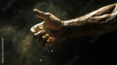 A flexed forearm and clenched hand, captured at the moment of dispersal into fine dust particles, stunning depth