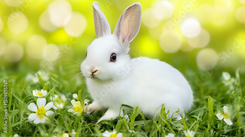 White rabbit in grassy field, fluffy white rabbit with flowers