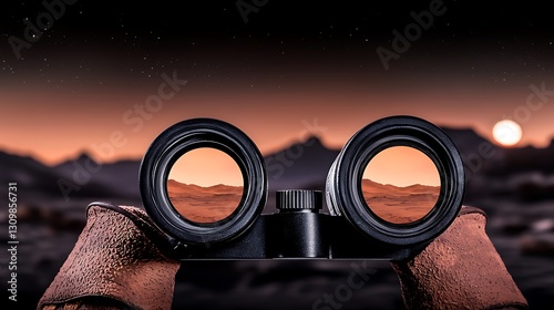Close-up view of binoculars overlooking a distant alien landscape at sunset, showcasing exploration