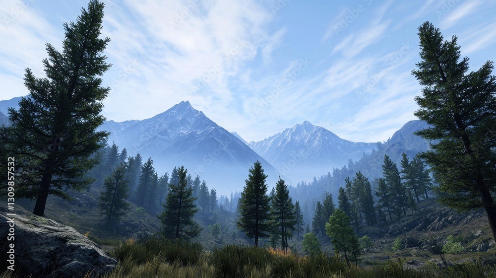 Fototapeta premium Serene Mountain Landscape with Evergreen Trees and Blue Sky