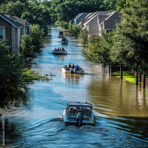Boats navigate a flooded residential street as residents are evacuated from their homes following heavy rainfall and flooding.