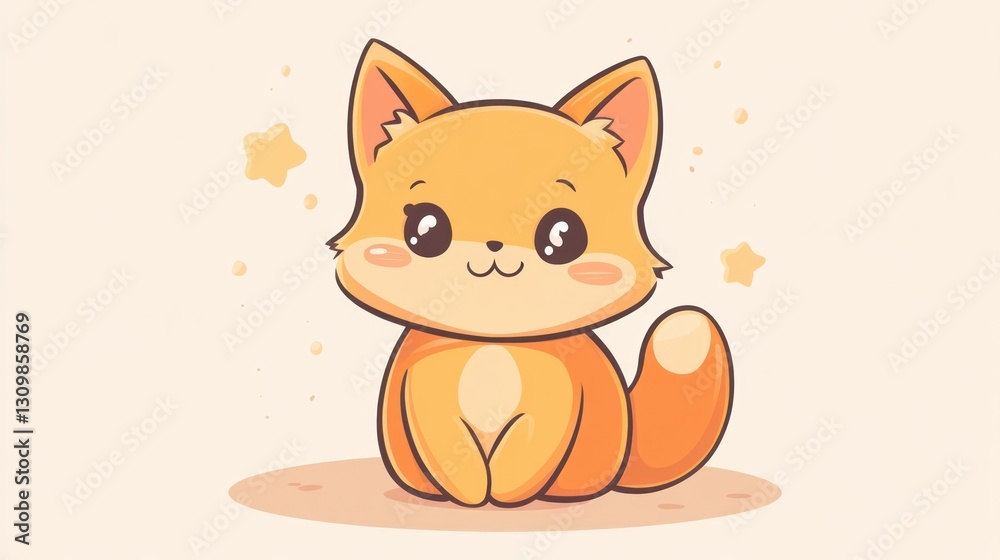 Fototapeta premium An adorable cartoon fox with orange and white fur sits happily
