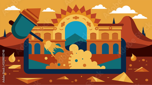 Layers of old varnish and dirt are carefully removed revealing the stunning colors and intricate details of a nearlyforgotten fresco.. Vector illustration