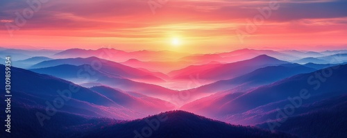 Panoramic view of colorful sunrise over mountain backdrop amidst foggy tree outlines, with warm sunlight & hues of dawn colours against a soft blue background at dusk.