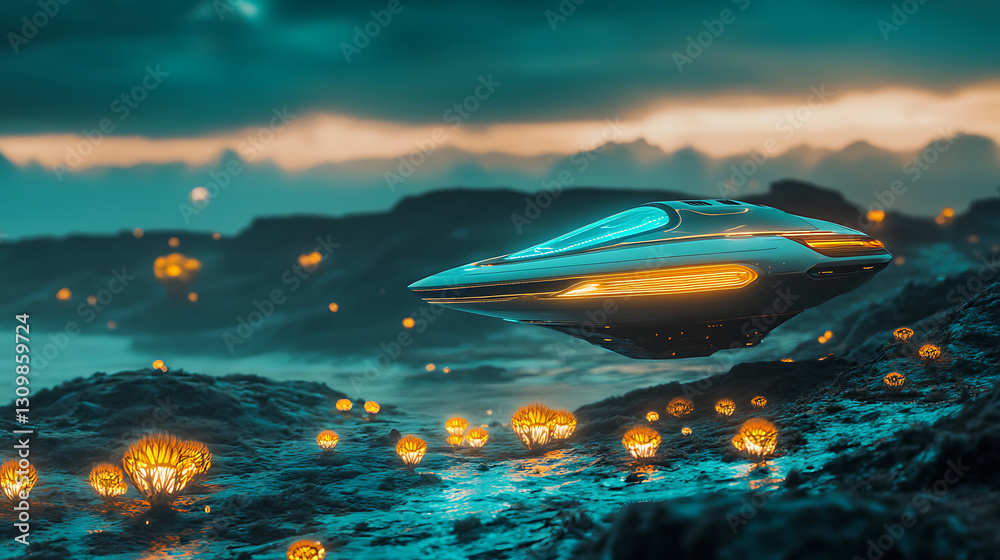 Fototapeta premium A futuristic spaceship over a mysterious alien land