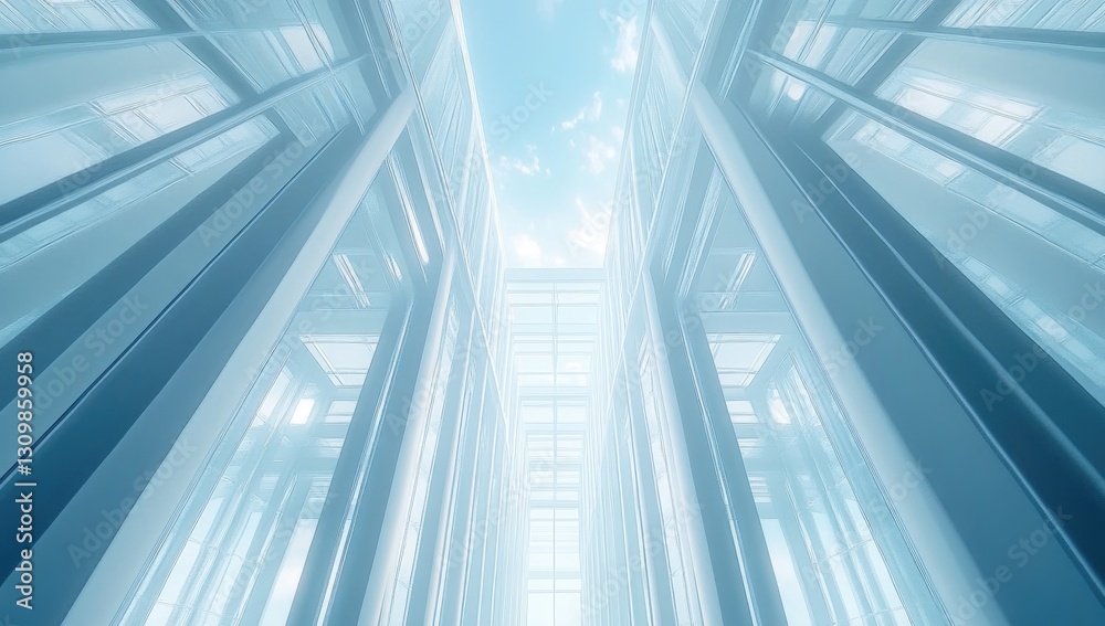 A glass building with symmetrical columns, looking up at the sky through windows. The blue color scheme creates an atmosphere A glass building with symmetrical columns, looking up at the sky through windows. The blue color scheme creates an atmosphere