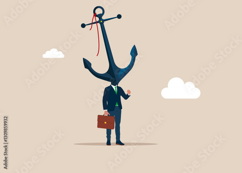 Businessman  with a anchor instead of a head on shoulders. No career path in work. Career burden. Hard work and struggle in business. Flat vector illustration