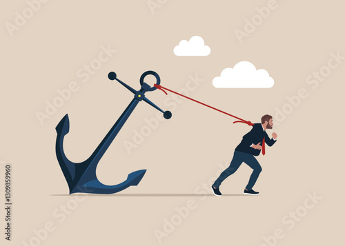 Career burden. Hard work and struggle in business. Businessman trying hard to run forward with anchor. Flat vector illustration