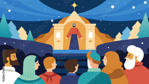 The audience is transported back in time as they witness the retelling of the miraculous Christmas story.. Vector illustration