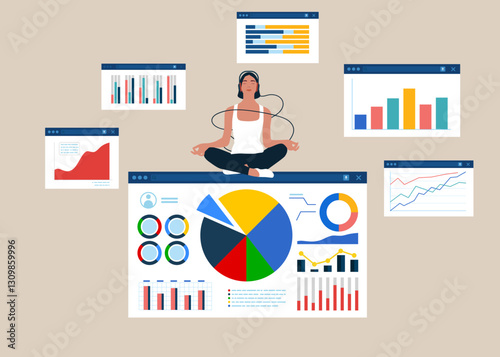Full length mindful young woman making mudra gesture, sitting in lotus position on web reporting dashboard monitoring. Peaceful millennial girl deeply meditating, doing breathing yoga exercises alone.