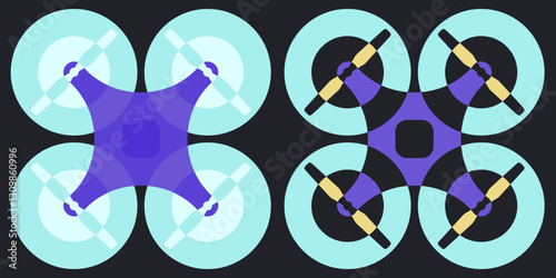 Abstract minimalist illustration of a quadcopter drone in a flat design style with overlapping geometric shapes. Two design variations: one with semi-transparent light propellers and another with cont