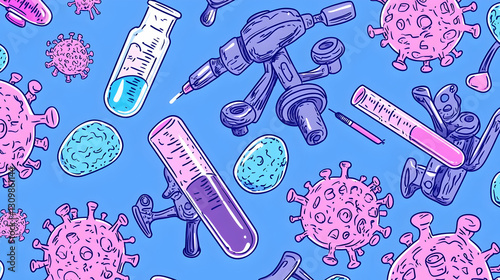 Colorful Scientific Illustration of Virus and Laboratory Equipment