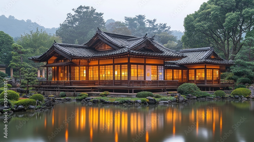 Tranquil Japanese-style house nestled in a serene garden by a pond Tranquil Japanese-style house nestled in a serene garden by a pond