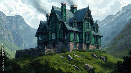 Wallpaper Mural Majestic Green Mansion on a Hill Surrounded by Scenic Mountains Torontodigital.ca