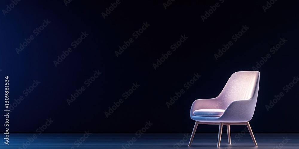 Modern Chair in Dark Room: A stylish, light-colored armchair stands alone in a dimly lit, dark room, illuminated by a soft, neon-like blue and purple glow. Modern Chair in Dark Room: A stylish, light-colored armchair stands alone in a dimly lit, dark room, illuminated by a soft, neon-like blue and purple glow.