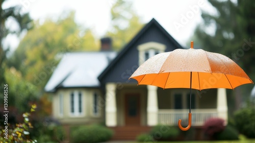 Orange umbrella shields house from the rain.