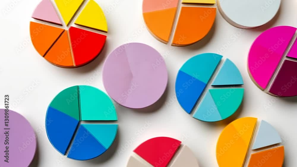 Colorful pie charts assortment on bright surface representing data visualization