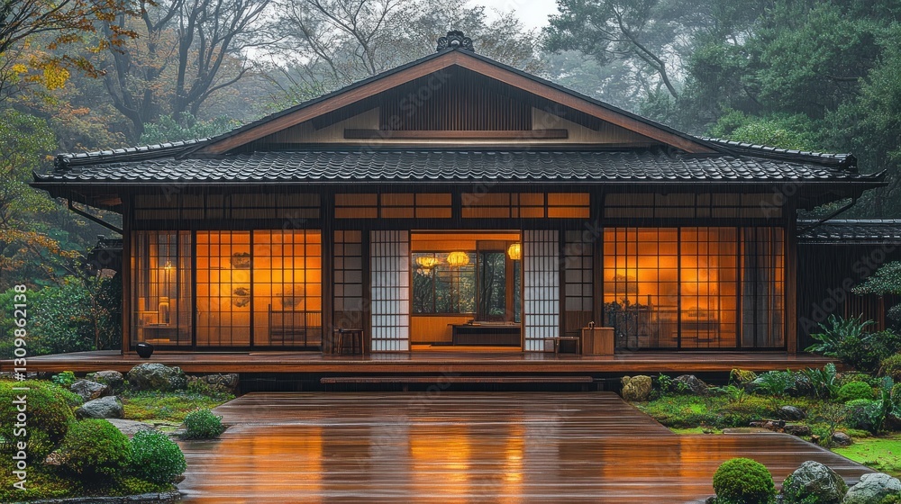 Traditional Japanese house in a serene garden Traditional Japanese house in a serene garden