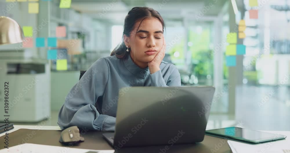 Bored, frustration and laptop with business woman in office for deadline or problem solving. Burnout, computer and depression with moody employee in creative workplace for project management solution