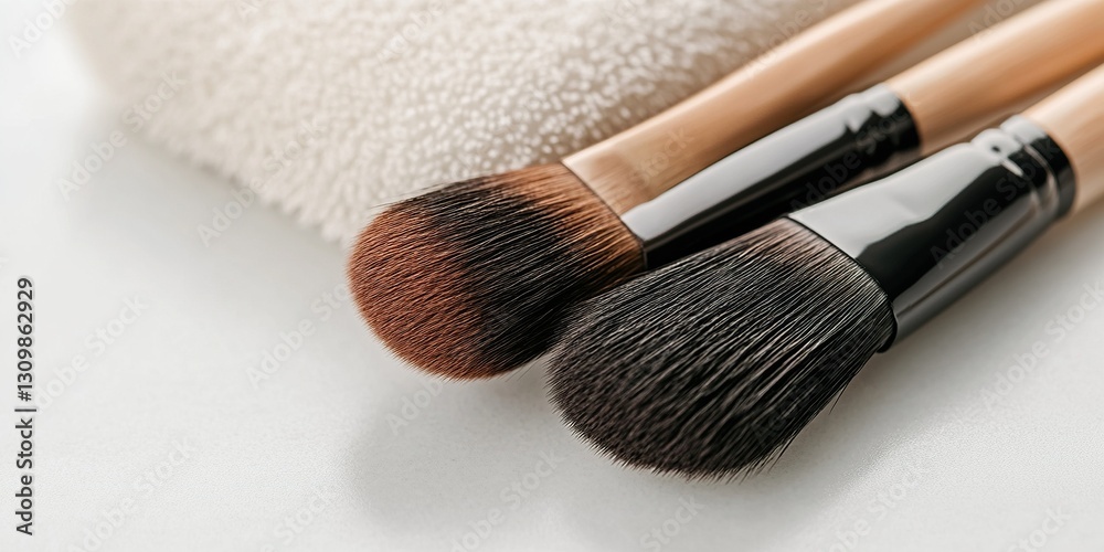 Cosmetic Brushes and Towel: Close-up of soft cosmetic brushes and a fluffy towel, inviting a sense of spa-like relaxation. Cosmetic Brushes and Towel: Close-up of soft cosmetic brushes and a fluffy towel, inviting a sense of spa-like relaxation.