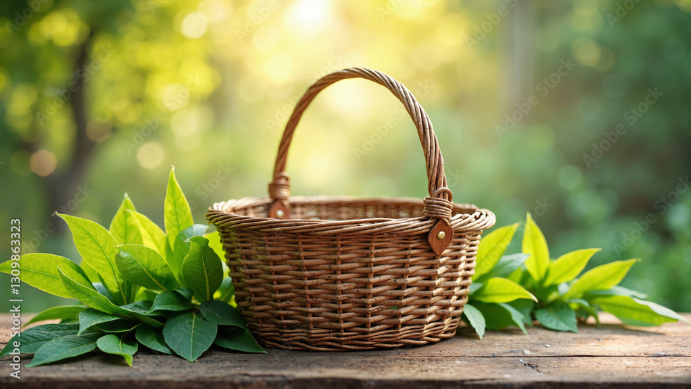 Rustic Empty Picnic Basket on Wooden Table with Lush Green Backdrop – Ideal for Easter, Spring Ads & Lifestyle Marketing Rustic Empty Picnic Basket on Wooden Table with Lush Green Backdrop – Ideal for Easter, Spring Ads & Lifestyle Marketing