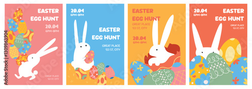 A set of posters or invitations for Easter egg hunt with eggs and cute cartoon rabbits.