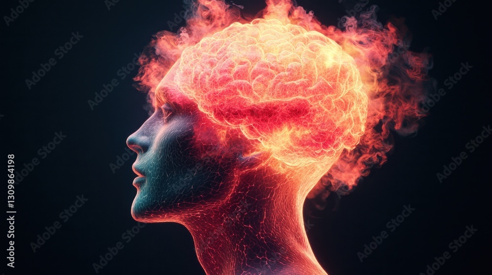 Human Profile with Flaming Brain Illustration on Dark Background Human Profile with Flaming Brain Illustration on Dark Background