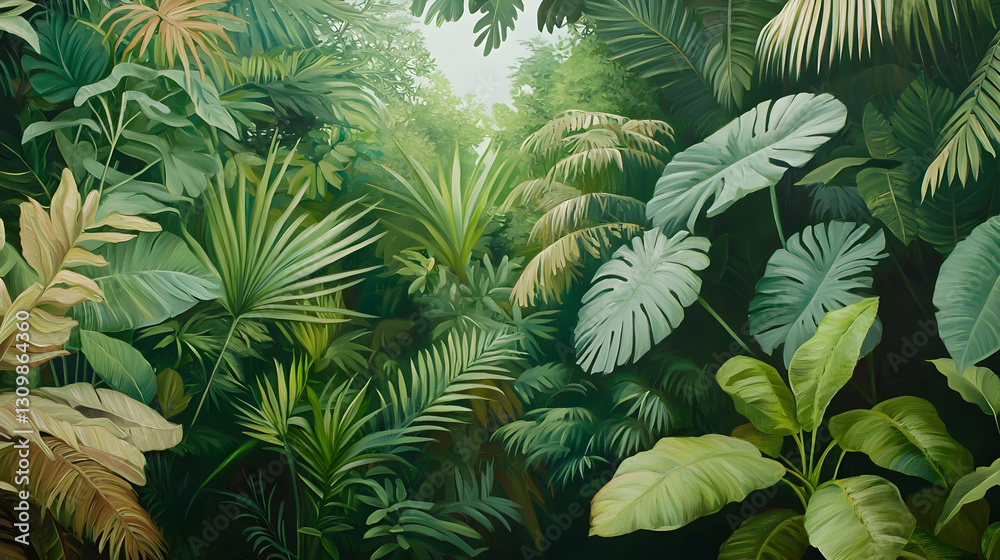 Lush Tropical Foliage Featuring Various Green Plants and Leaves