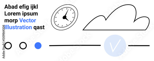 Stylized elements including text, a clock, cloud outline, blue vector label, and abstract lines with circles. Ideal for web design, user interfaces, digital presentations, e-learning tech blogs