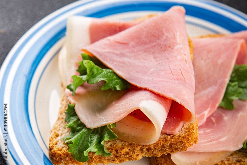 Sandwich ham tasty fresh delicious gourmet food background on table rustic food top view copy space Sandwich ham tasty fresh delicious gourmet food background on table rustic food top view copy space