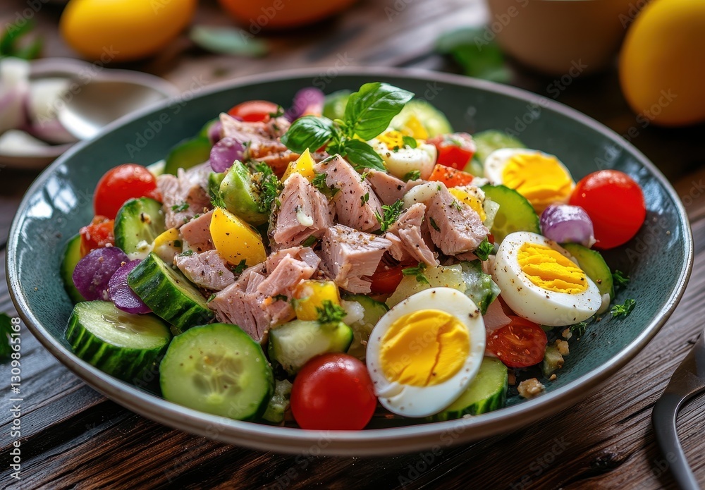 Fresh and Colorful Salad with Tuna, Cherry Tomatoes, Cucumbers, Hard-Boiled Eggs, and Herbs on a Rustic Wooden Table Fresh and Colorful Salad with Tuna, Cherry Tomatoes, Cucumbers, Hard-Boiled Eggs, and Herbs on a Rustic Wooden Table