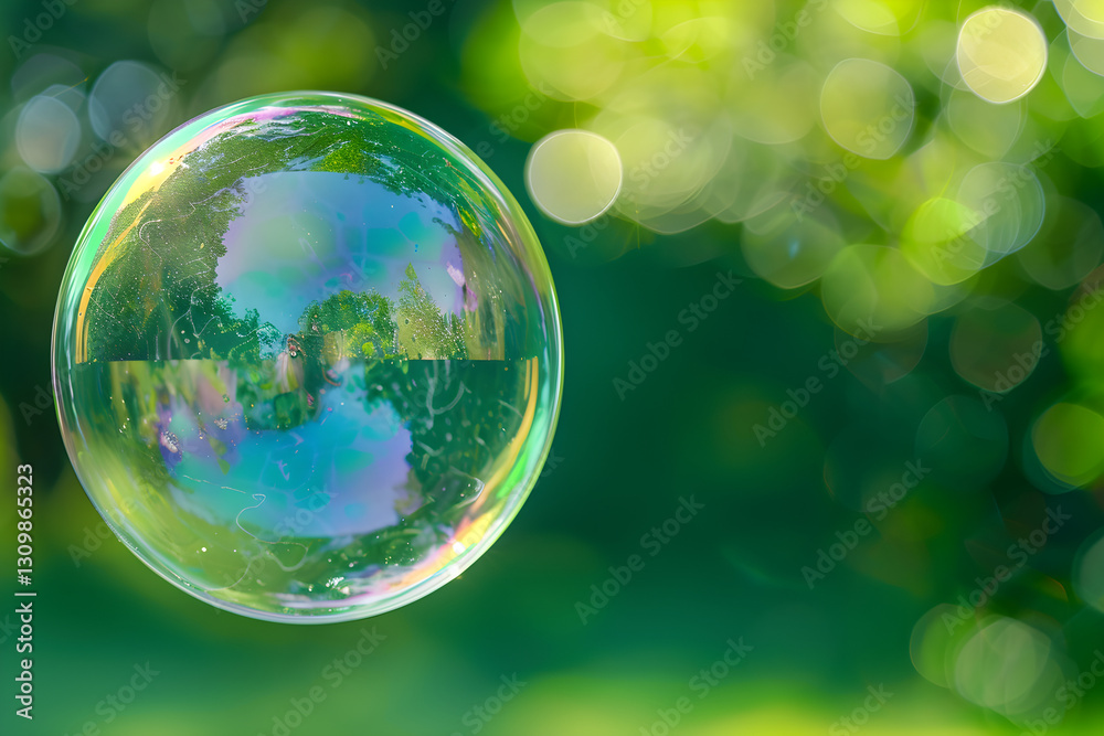 Ethereal Rainbow Sphere: A Fragile Soap Bubble in Sunlit Green Surroundings Ethereal Rainbow Sphere: A Fragile Soap Bubble in Sunlit Green Surroundings