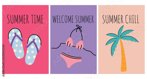 Hello Summer greeting card set in hand drawn style. Cute doodle poster with flip flops, bikini and palm tree. Welcome summer invitation card in flat style.