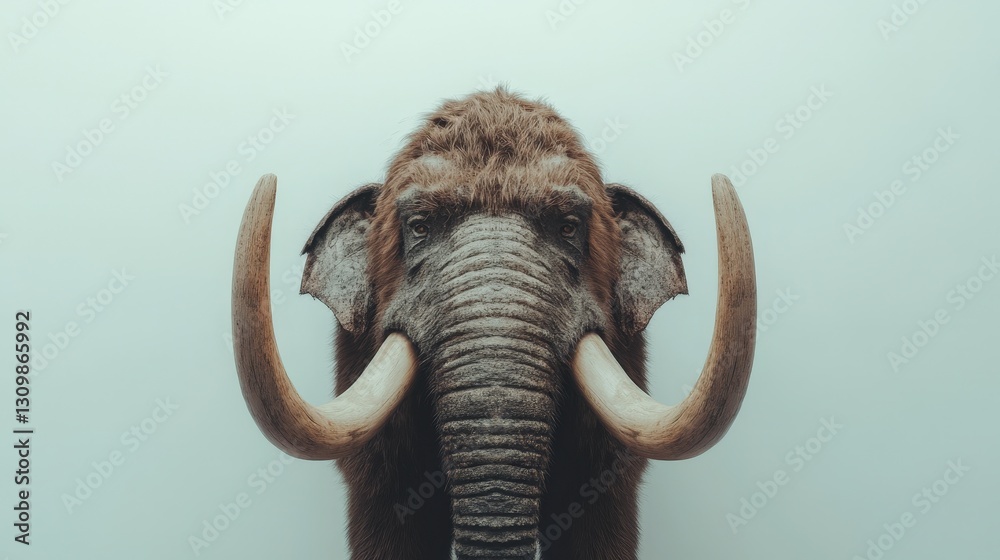 Obraz premium A captivating close-up reveals the majestic head of a woolly mammoth, with its textured fur and expressive eyes dominating the scene. Its formidable tusks arch gracefully over a rugged brow, while coa