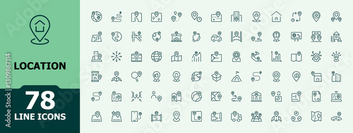 Location vector icon set. Includes thin line here, way, time, app, distance, web, world, position. UI icon set in a thin design. Trendy minimal icons.