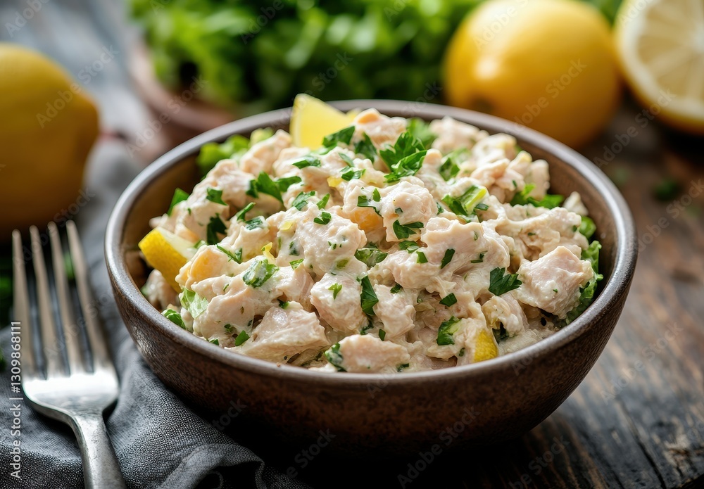 Fresh and Creamy Chicken Salad with Lemon and Parsley, Served in a Rustic Bowl on a Wooden Table Surrounded by Fresh Ingredients Fresh and Creamy Chicken Salad with Lemon and Parsley, Served in a Rustic Bowl on a Wooden Table Surrounded by Fresh Ingredients