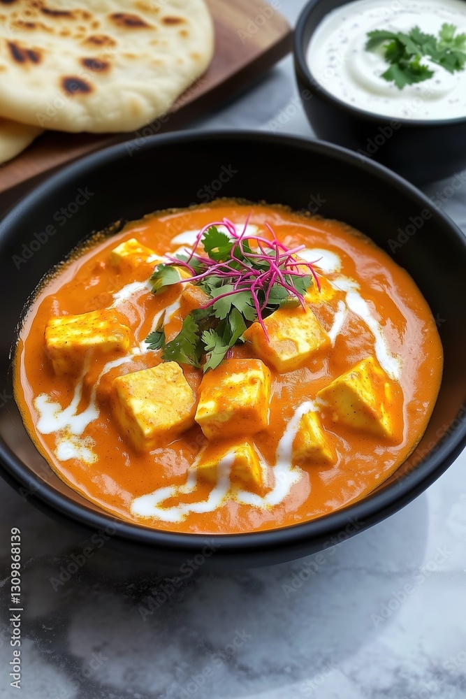 Gourmet Indian Curry - Paneer Butter Masala in a Matte Black Bowl with Elegant Plating and Fine-Dining Aesthetic Gourmet Indian Curry - Paneer Butter Masala in a Matte Black Bowl with Elegant Plating and Fine-Dining Aesthetic