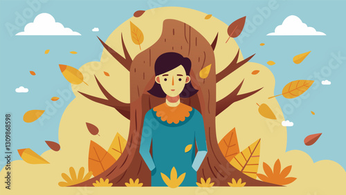 In a selfportrait a tree trunk is p where the artists body would be with fallen leaves tered around symbolizing their personal growth and. Vector illustration