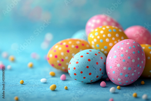 Minimalist Easter background with pastel-colored speckled eggs on soft gradient backdrop, festive holiday mockup, generative AI photo