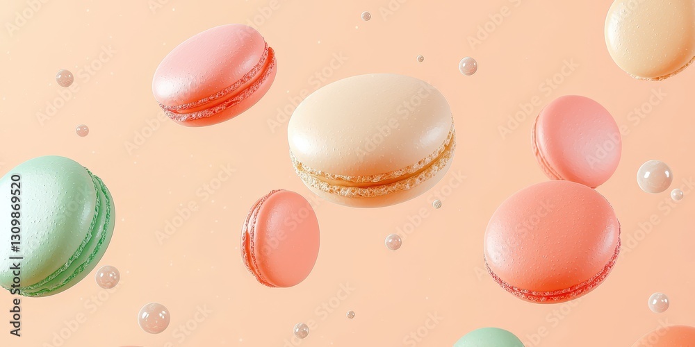 Fototapeta premium Levitating macarons in different colors on a pastel peach background