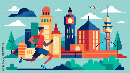 The detailed virtual recreation of the citys architecture and landmarks is so realistic that the runner almost forgets they are in a virtual world. Vector illustration