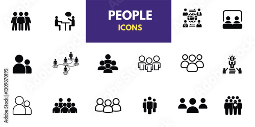 People, human, person thin line icon set. Containing participants, groups, teams, organizations, communities, populations, audiences, and members. Vector illustration