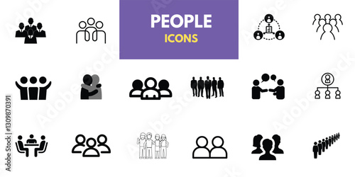 People, human, person thin line icon set. Containing participants, groups, teams, organizations, communities, populations, audiences, and members. Vector illustration